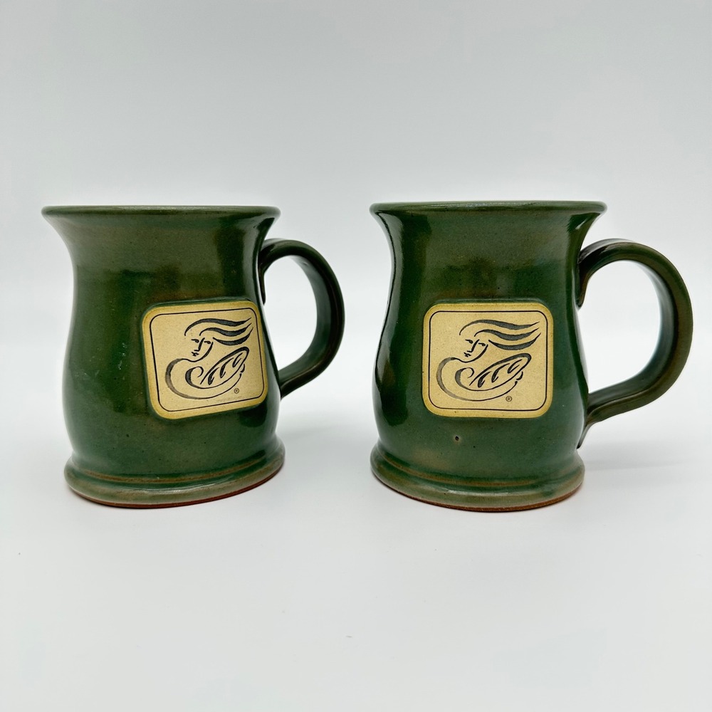Panera Bread Coffee Mug Set of 2 Green Handcrafted USA Stoneware Pottery Vintage